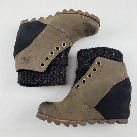 Sorel Joanie Sweater Wedge Boot Women 7.5 Brown Leather Ankle Pull On Waterproof - Picture 6 of 12